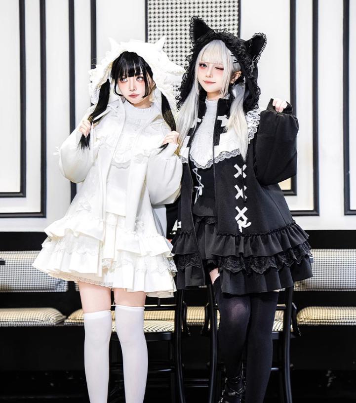 YUMEKAWA ♡ ( 2 colors in total ) Ruffle jacket with cat ear hat #jya1