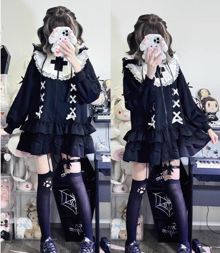 YUMEKAWA ♡ ( 2 colors in total ) Ruffle jacket with cat ear hat #jya1