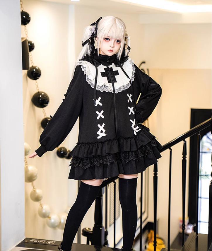 YUMEKAWA ♡ ( 2 colors in total ) Ruffle jacket with cat ear hat #jya1