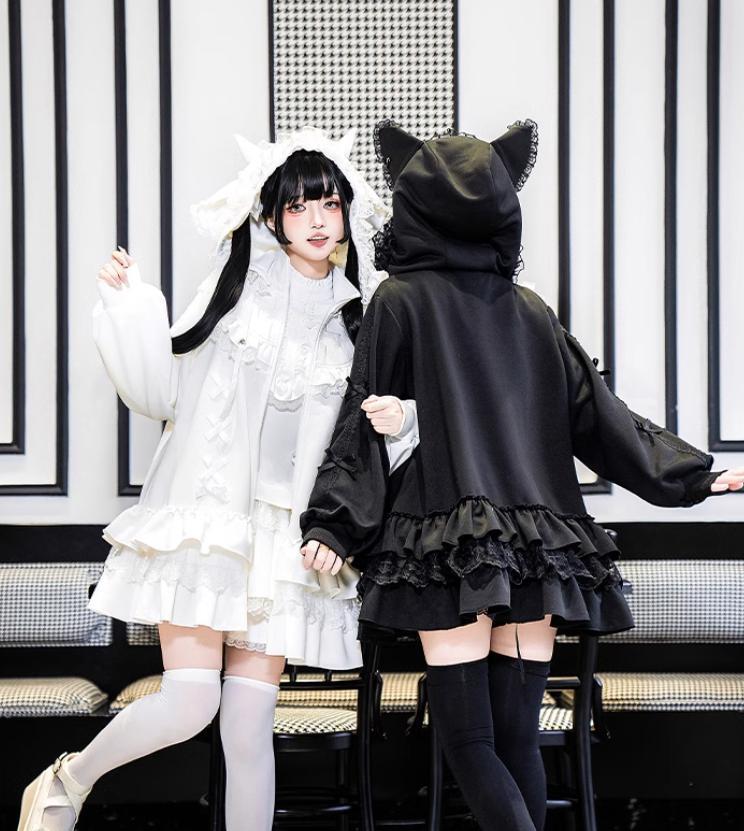 YUMEKAWA ♡ ( 2 colors in total ) Ruffle jacket with cat ear hat #jya1