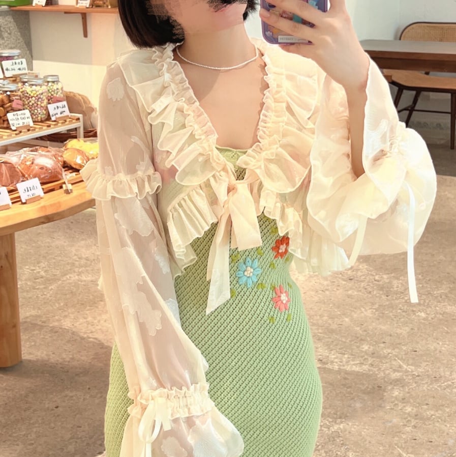 YUMEKAWA ♡ ( 3 colors ) thin short ruffle cardigan #jya2