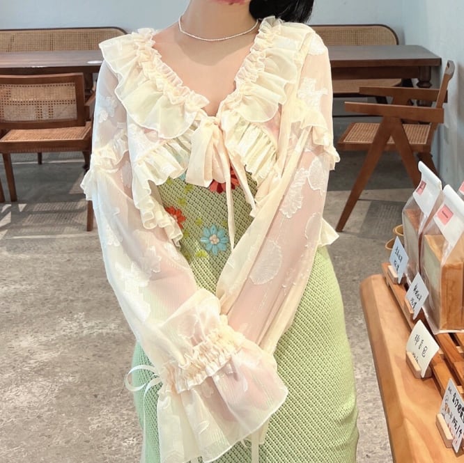 YUMEKAWA ♡ ( 3 colors ) thin short ruffle cardigan #jya2
