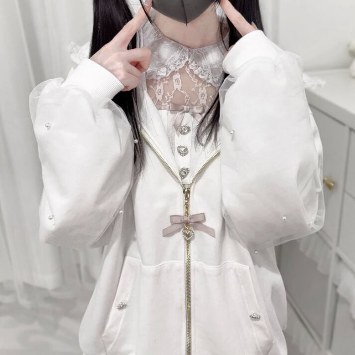 YUMEKAWA ♡ ( 2 colors ) Zip-up hoodie with lace bunny ears #jya6