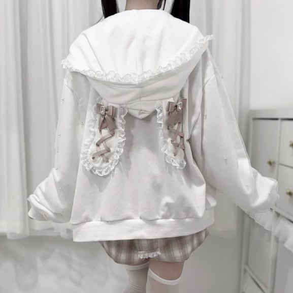 YUMEKAWA ♡ ( 2 colors ) Zip-up hoodie with lace bunny ears #jya6