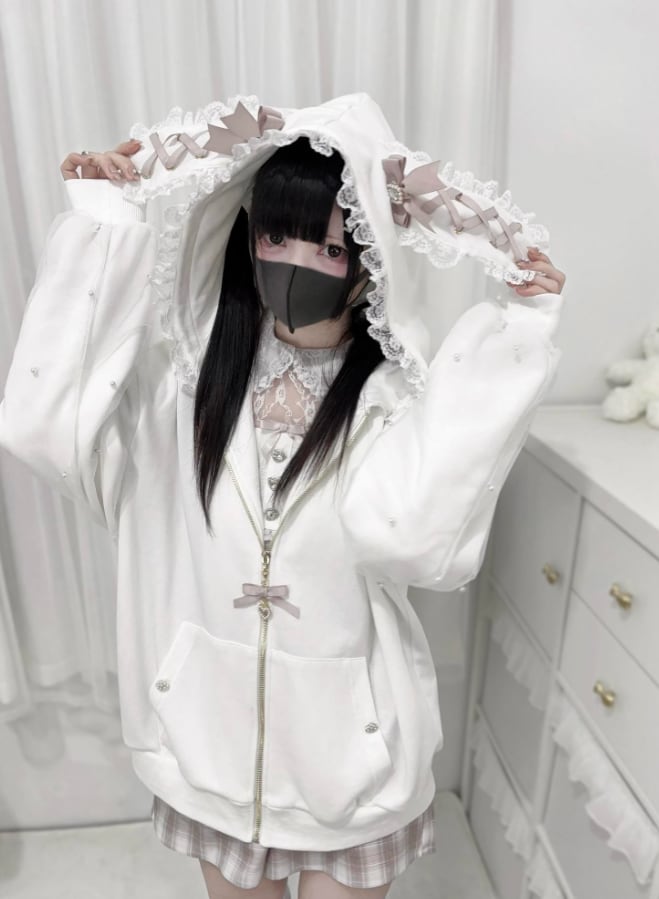 YUMEKAWA ♡ ( 2 colors ) Zip-up hoodie with lace bunny ears #jya6