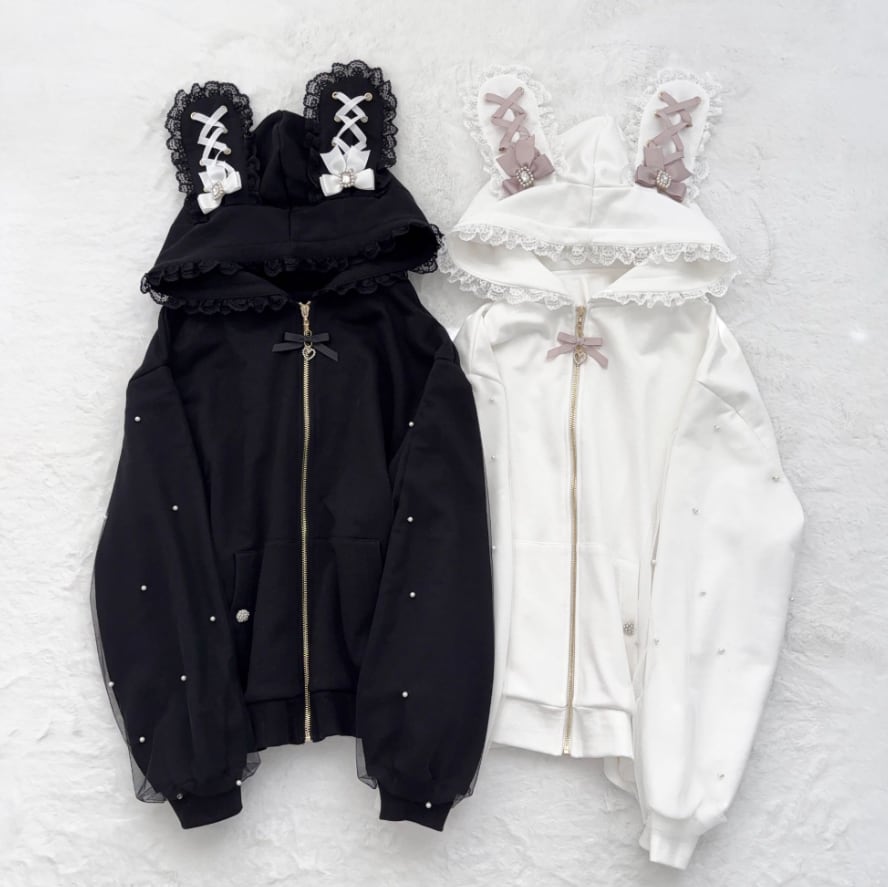 YUMEKAWA ♡ ( 2 colors ) Zip-up hoodie with lace bunny ears #jya6