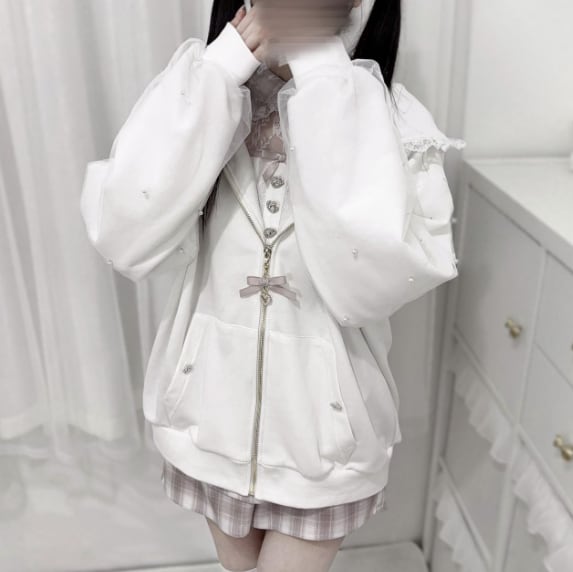 YUMEKAWA ♡ ( 2 colors ) Zip-up hoodie with lace bunny ears #jya6