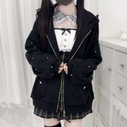 YUMEKAWA ♡ ( 2 colors ) Zip-up hoodie with lace bunny ears #jya6