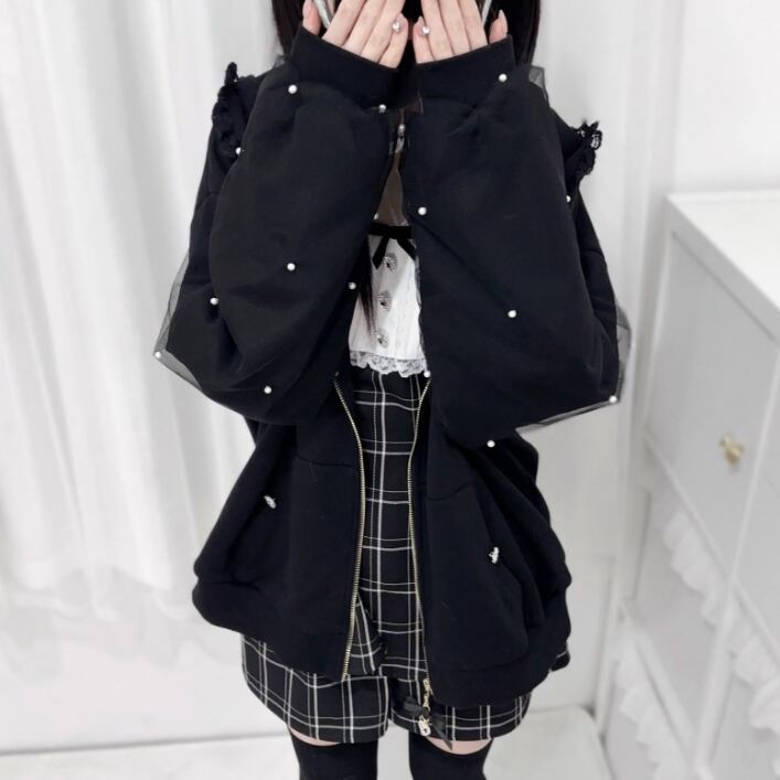 YUMEKAWA ♡ ( 2 colors ) Zip-up hoodie with lace bunny ears #jya6