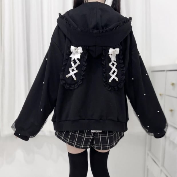 YUMEKAWA ♡ ( 2 colors ) Zip-up hoodie with lace bunny ears #jya6