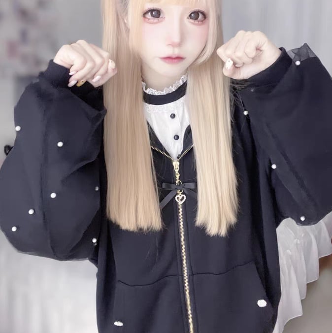 YUMEKAWA ♡ ( 2 colors ) Zip-up hoodie with lace bunny ears #jya6
