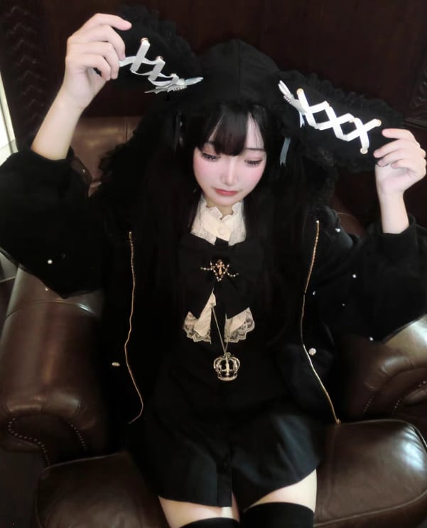 YUMEKAWA ♡ ( 2 colors ) Zip-up hoodie with lace bunny ears #jya6
