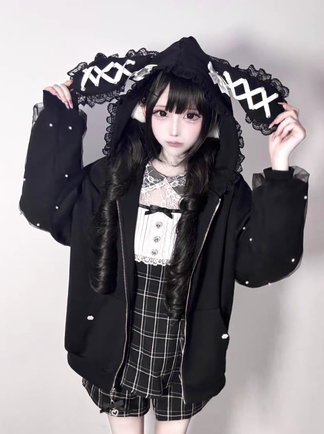 YUMEKAWA ♡ ( 2 colors ) Zip-up hoodie with lace bunny ears #jya6