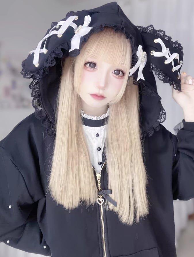 YUMEKAWA ♡ ( 2 colors ) Zip-up hoodie with lace bunny ears #jya6