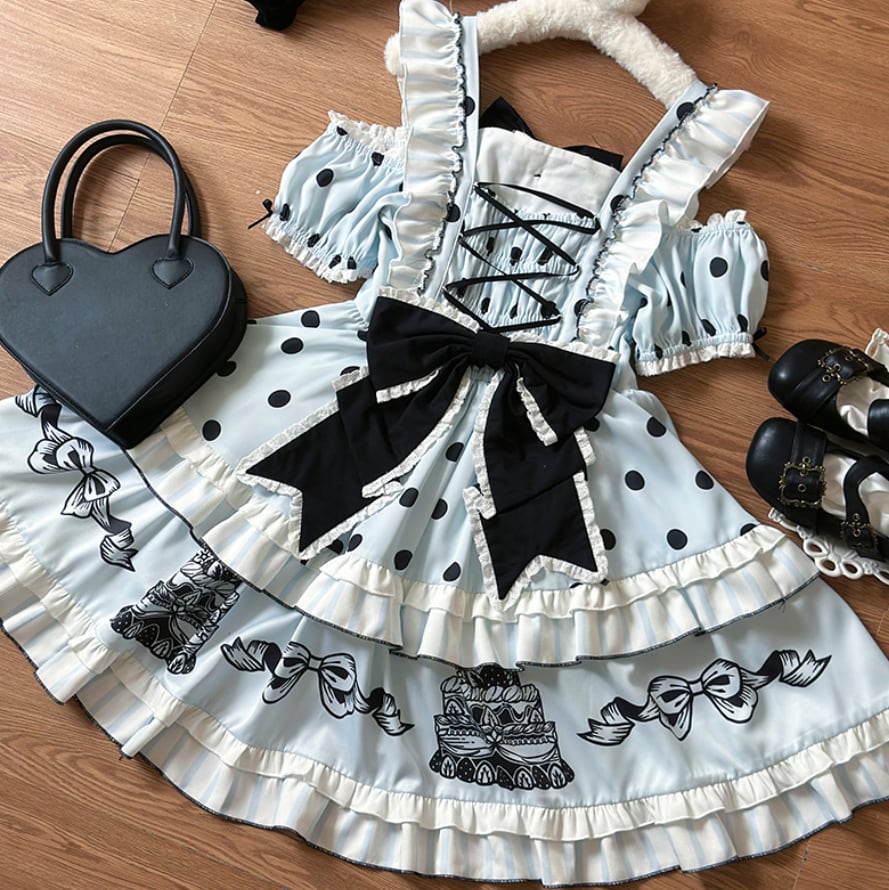 Manufactured after order ♡ ( 2 colors ) Dotted off the shoulder maid outfit #kos29