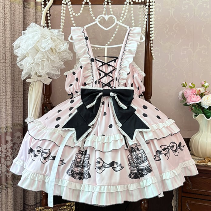 Manufactured after order ♡ ( 2 colors ) Dotted off the shoulder maid outfit #kos29