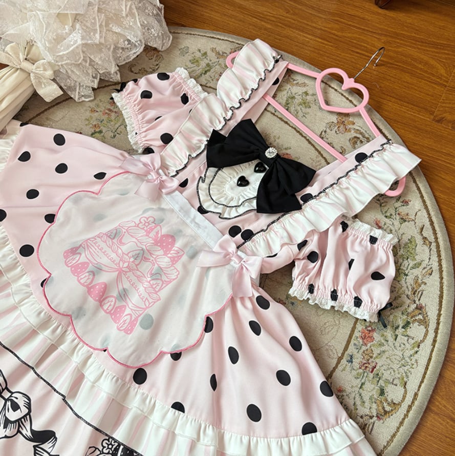 Manufactured after order ♡ ( 2 colors ) Dotted off the shoulder maid outfit #kos29