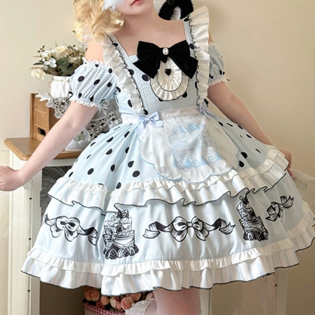 Manufactured after order ♡ ( 2 colors ) Dotted off the shoulder maid outfit #kos29
