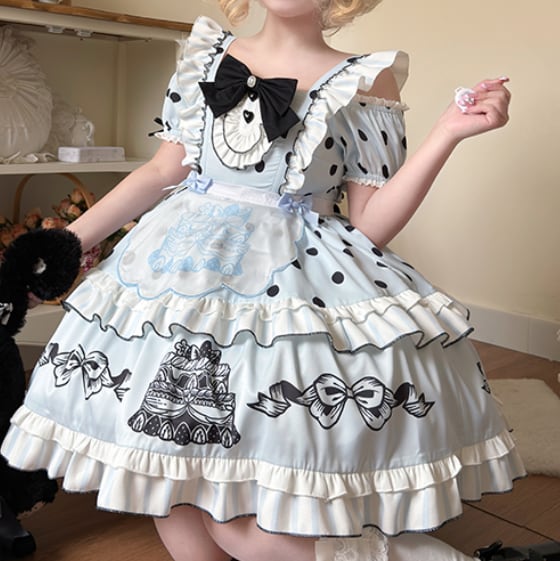 Manufactured after order ♡ ( 2 colors ) Dotted off the shoulder maid outfit #kos29
