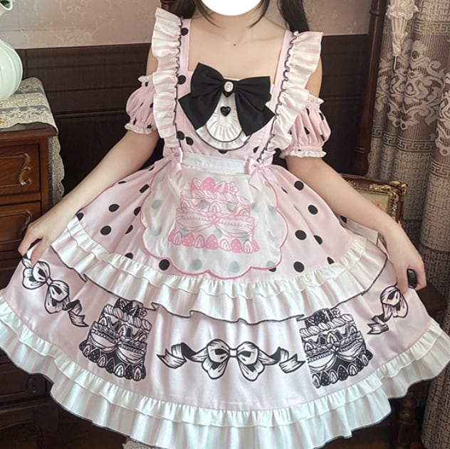 Manufactured after order ♡ ( 2 colors ) Dotted off the shoulder maid outfit #kos29