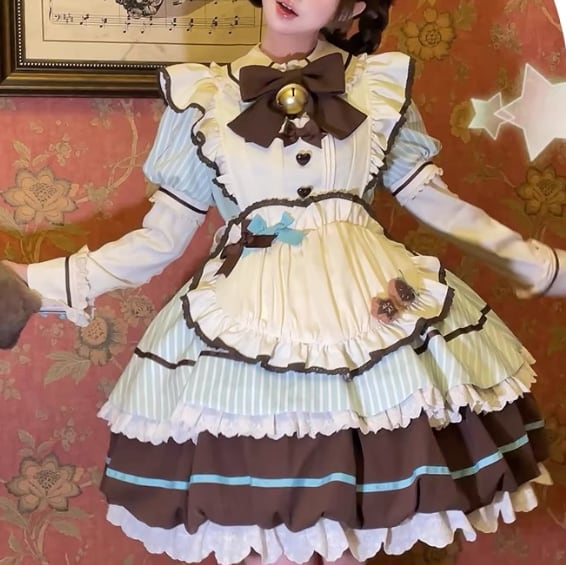 YUMEKAWA ♡ ( 3 colors ) Heart Apron Maid Outfit Complete Matching Clothes #kos37