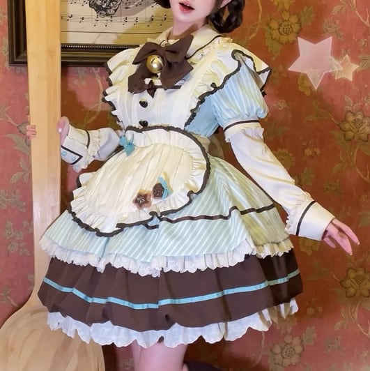 YUMEKAWA ♡ ( 3 colors ) Heart Apron Maid Outfit Complete Matching Clothes #kos37
