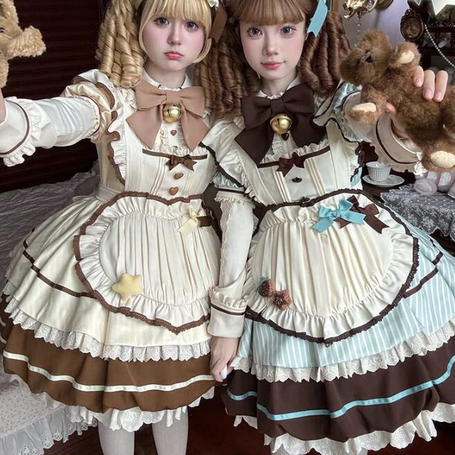 YUMEKAWA ♡ ( 3 colors ) Heart Apron Maid Outfit Complete Matching Clothes #kos37
