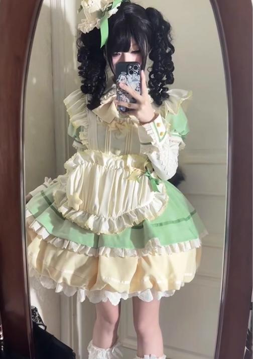 YUMEKAWA ♡ ( 3 colors ) Heart Apron Maid Outfit Complete Matching Clothes #kos37