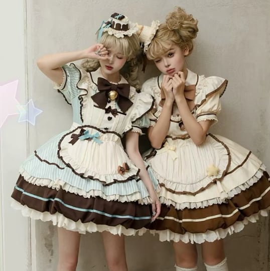 YUMEKAWA ♡ ( 3 colors ) Heart Apron Maid Outfit Complete Matching Clothes #kos37