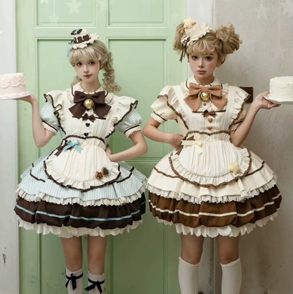 YUMEKAWA ♡ ( 3 colors ) Heart Apron Maid Outfit Complete Matching Clothes #kos37