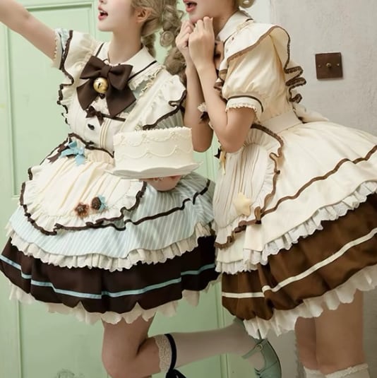 YUMEKAWA ♡ ( 3 colors ) Heart Apron Maid Outfit Complete Matching Clothes #kos37