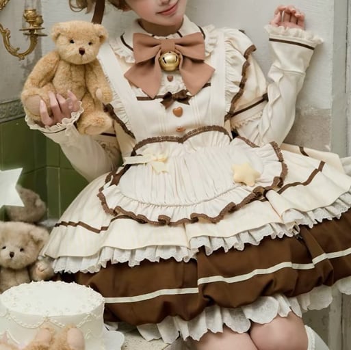 YUMEKAWA ♡ ( 3 colors ) Heart Apron Maid Outfit Complete Matching Clothes #kos37
