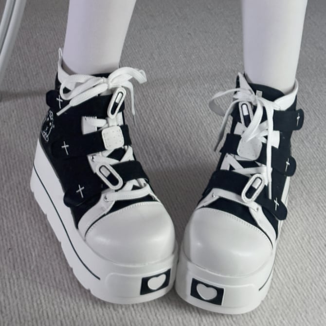 YUMEKAWA ♡ ( 4 colors ) cross thick sole high cut shoes #kutu15
