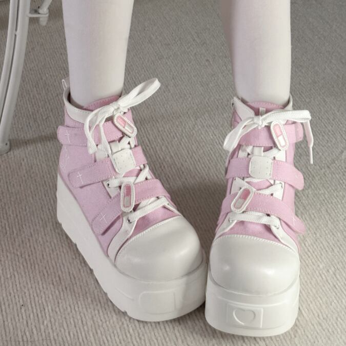 YUMEKAWA ♡ ( 4 colors ) cross thick sole high cut shoes #kutu15