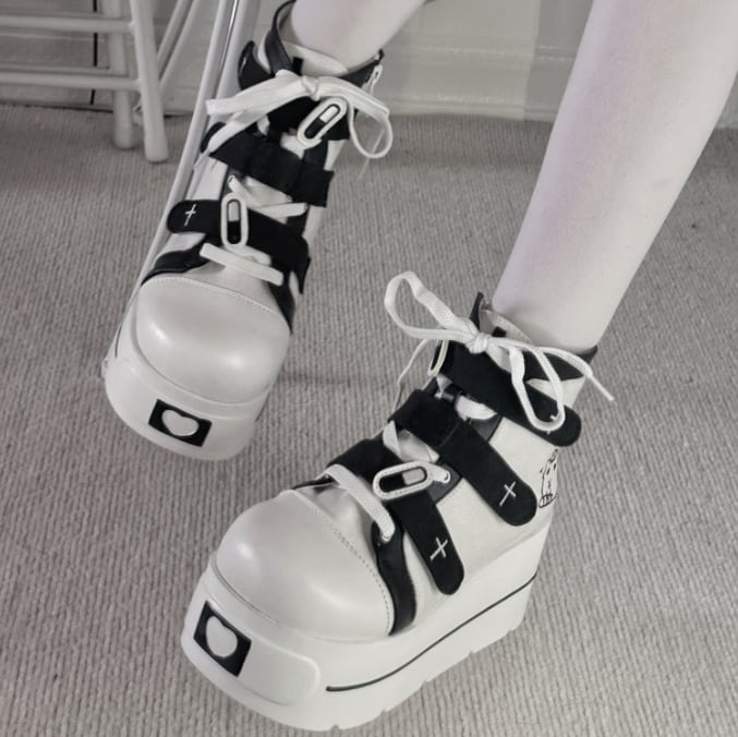 YUMEKAWA ♡ ( 4 colors ) cross thick sole high cut shoes #kutu15