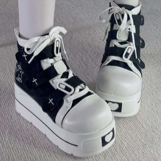 YUMEKAWA ♡ ( 4 colors ) cross thick sole high cut shoes #kutu15