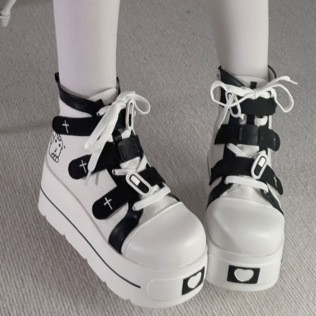 YUMEKAWA ♡ ( 4 colors ) cross thick sole high cut shoes #kutu15
