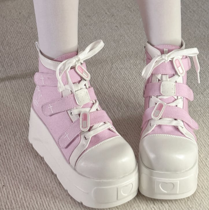 YUMEKAWA ♡ ( 4 colors ) cross thick sole high cut shoes #kutu15