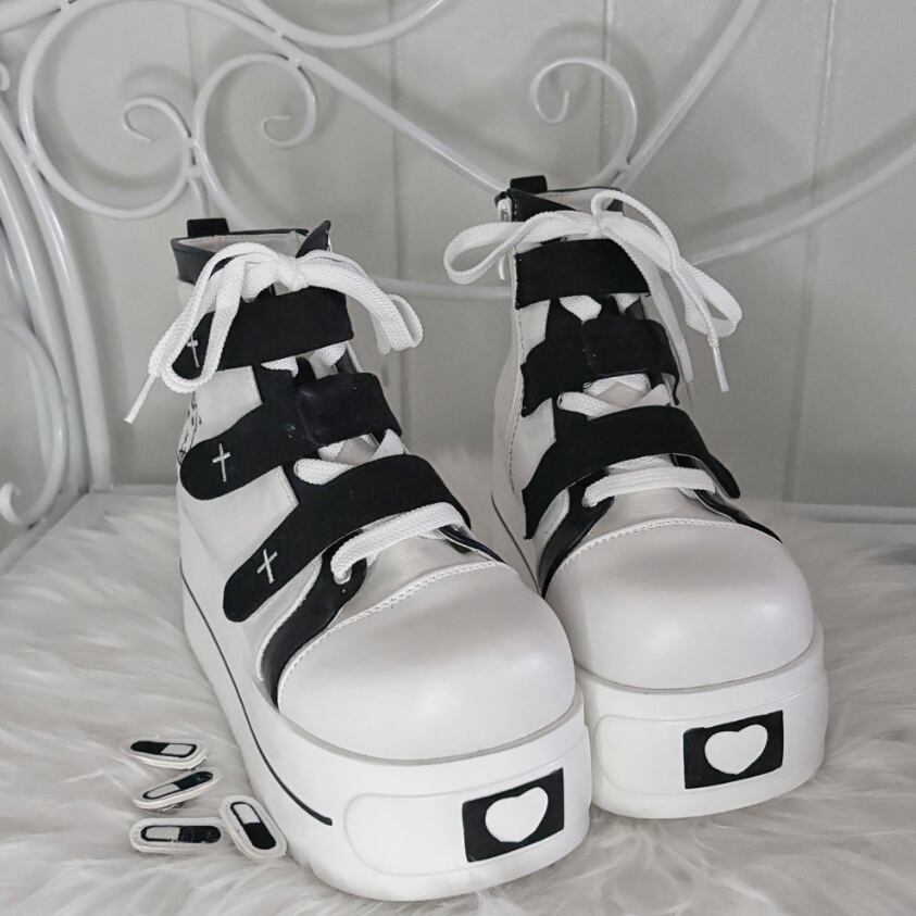 YUMEKAWA ♡ ( 4 colors ) cross thick sole high cut shoes #kutu15
