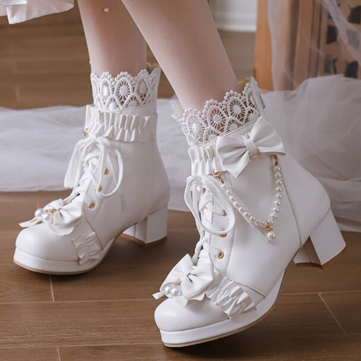 YUMEKAWA ♡ ( 3 colors ) High-cut boots with pearls #kutu38