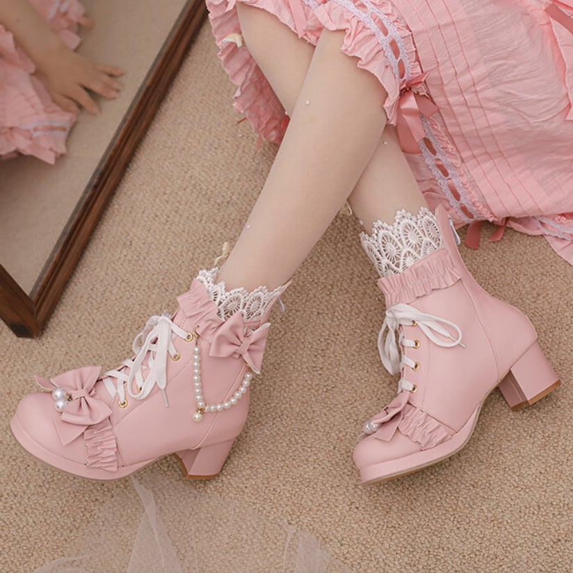 YUMEKAWA ♡ ( 3 colors ) High-cut boots with pearls #kutu38
