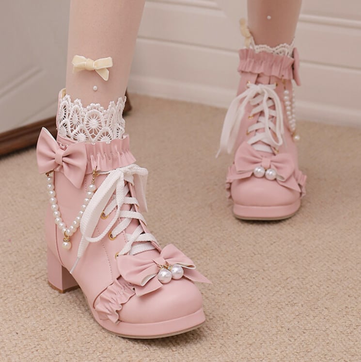 YUMEKAWA ♡ ( 3 colors ) High-cut boots with pearls #kutu38