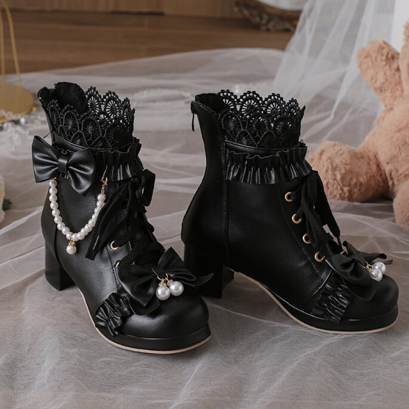 YUMEKAWA ♡ ( 3 colors ) High-cut boots with pearls #kutu38