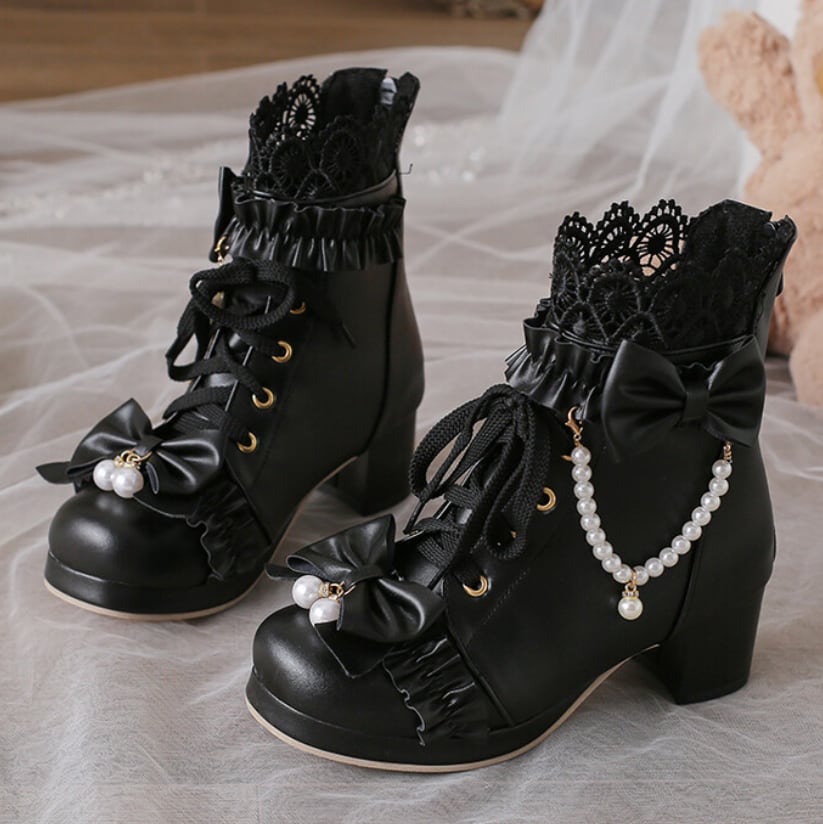 YUMEKAWA ♡ ( 3 colors ) High-cut boots with pearls #kutu38