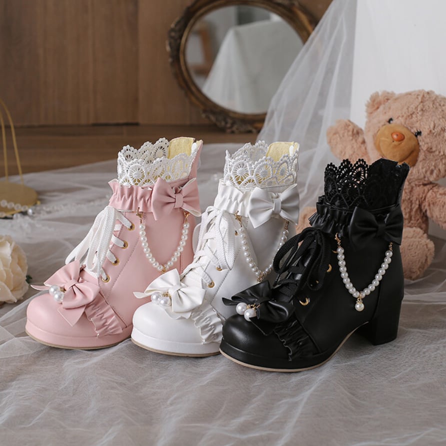 YUMEKAWA ♡ ( 3 colors ) High-cut boots with pearls #kutu38