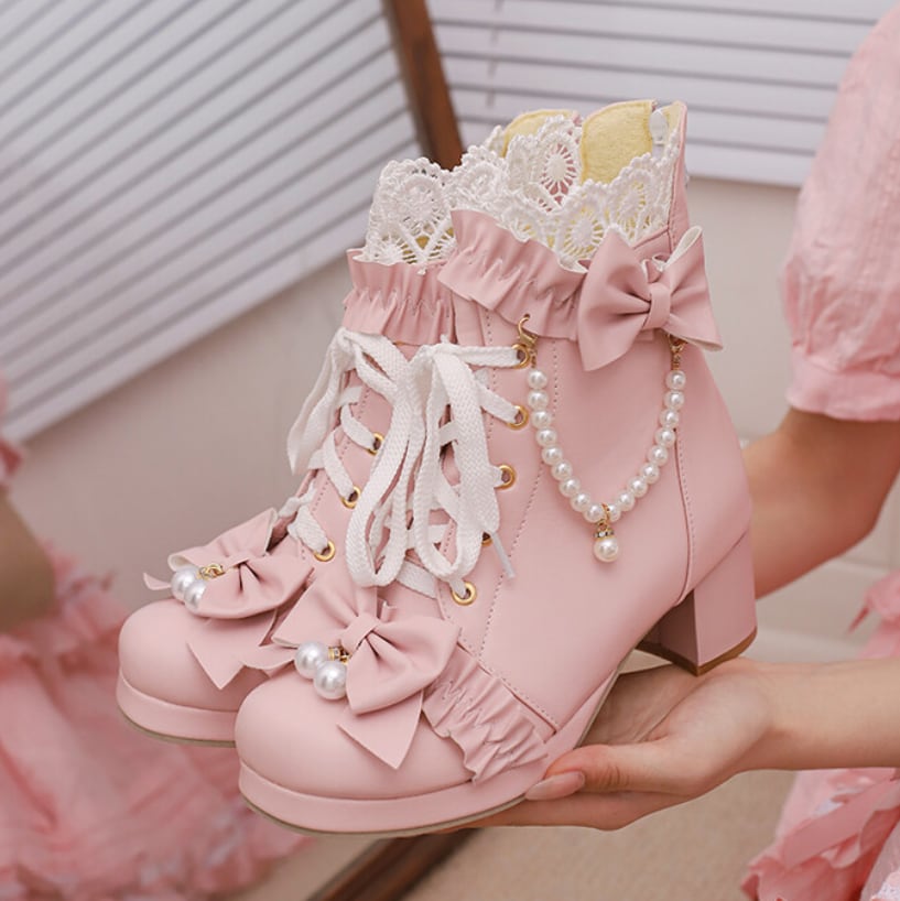 YUMEKAWA ♡ ( 3 colors ) High-cut boots with pearls #kutu38