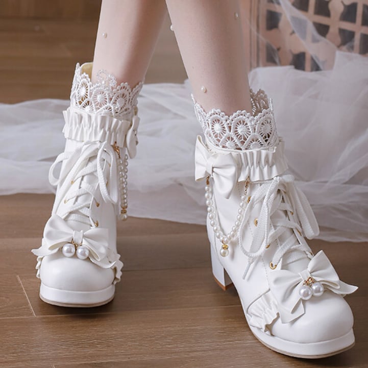YUMEKAWA ♡ ( 3 colors ) High-cut boots with pearls #kutu38