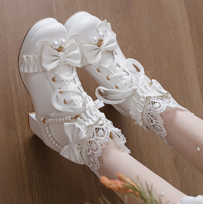 YUMEKAWA ♡ ( 3 colors ) High-cut boots with pearls #kutu38