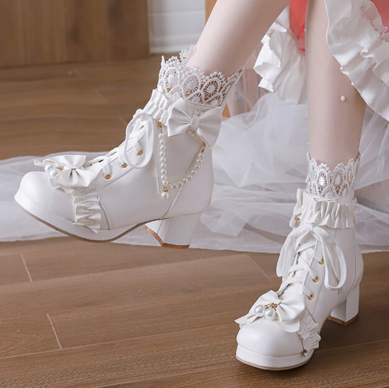 YUMEKAWA ♡ ( 3 colors ) High-cut boots with pearls #kutu38