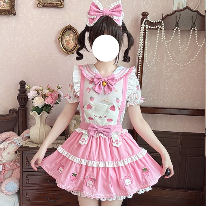 YUMEKAWA ♡ ( 2 colors ) Strawberry top & suspender skirt #set1